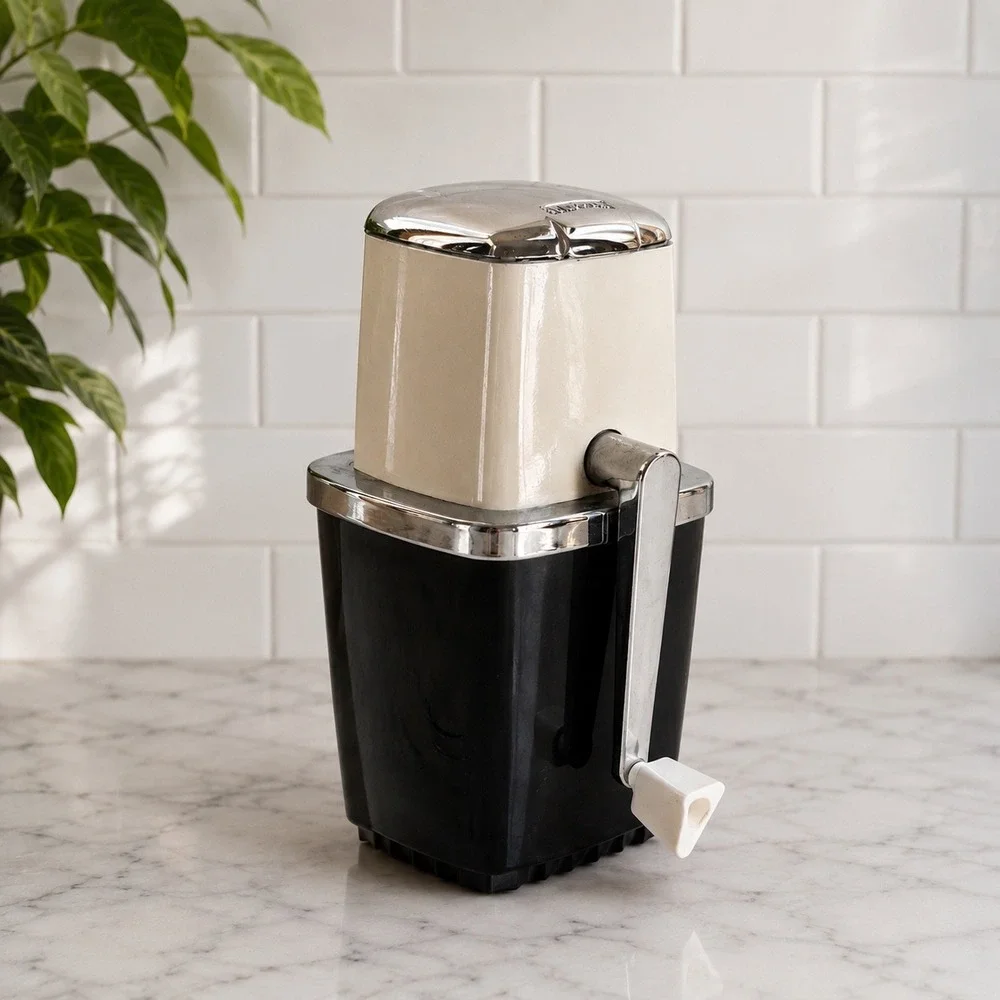 Swing-A-Way Vintage Manual Ice Crusher Hand Crank Black White Chrome Barware
